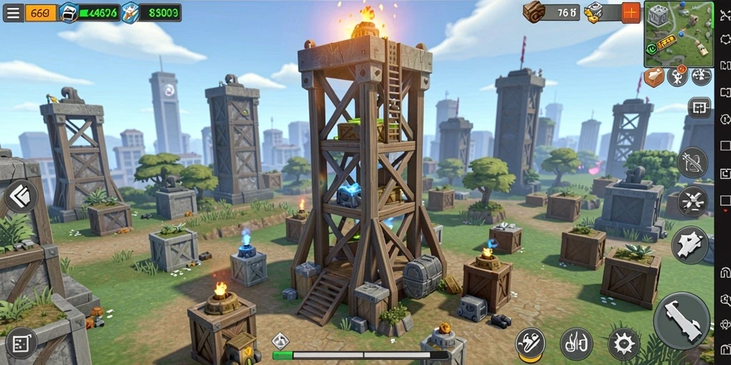 Gameplay menara pertahanan di 666I menunjukkan strategi seru melawan gelombang musuh.