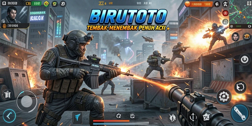 Tampilan screenshot BIRUTOTO dengan aksi tembak-menembak yang seru.