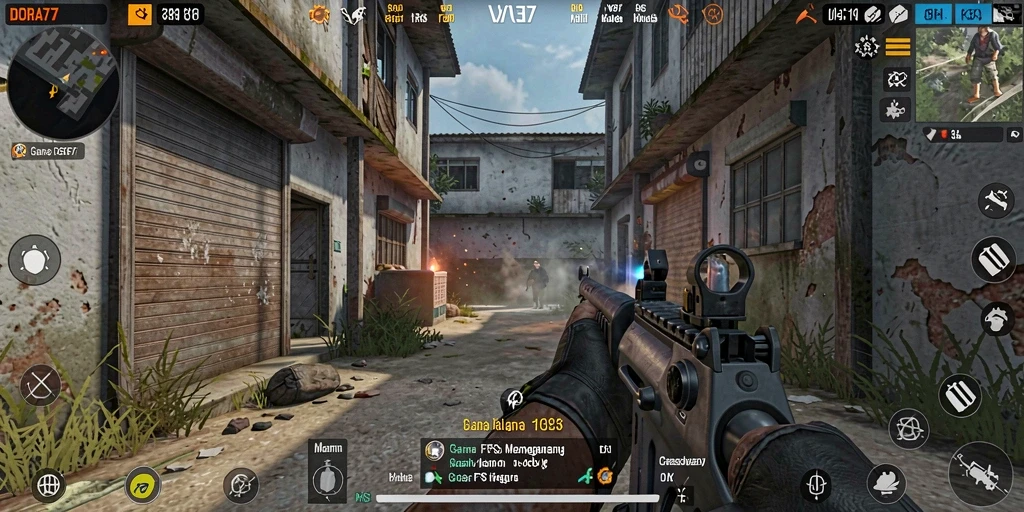 Screenshot menampilkan aksi intens dalam DORA77 sebagai FPS.