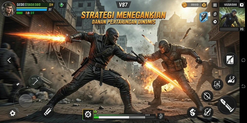 Gameplay strategis V87 yang menampilkan pertempuran epik.